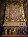 Chapel of the Holy Martyrs, with a stone 14th-century Gothic Casket of the Holy Martyrs of Girona in the foreground (the 4 busts on it date from 1659), and a Baroque retable from 1679 in the background