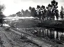 Members of the 4th Canadian (Armoured) Division demonstrating the use of flame throwers across a canal, Maldegem, October 1944.