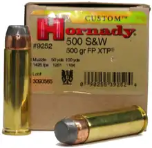 500 S&W Magnum hunting load with 500 gr. SP bullet by Hornady.