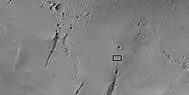 Close view of pits, as seen by HiRISE under HIWish program The box shows the size of the pits.  Some pits are as wide as a football field is long.