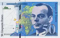 Portrait and images from The Little Prince on a 50-franc banknote