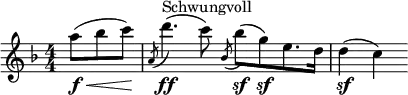  \relative c'' { \clef treble \key f \major \numericTimeSignature \time 4/4 \partial 8*3 a'8(\f\< bes c)\! | \slashedGrace { a,( } d'4.)(\ff^"Schwungvoll" c8) \slashedGrace { bes,( } bes'\sf)([ g\sf) e8. d16] | d4\sf( c) } 