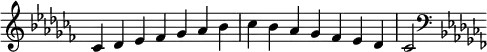   {
\override Score.TimeSignature #'stencil = ##f
\relative c' {
  \clef treble \key ces \major \time 7/4 ces4 des es fes ges aes bes ces bes aes ges fes es des ces2
  \clef bass \key ces \major
} }
