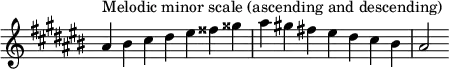  {
\override Score.TimeSignature #'stencil = ##f
\relative c'' {
  \clef treble \key ais \minor \time 7/4
  ais4^\markup "Melodic minor scale (ascending and descending)" bis cis dis eis fisis gisis ais gis! fis! eis dis cis bis ais2
} }
