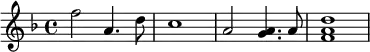 {\set Staff.midiInstrument = #"glockenspiel" \key d \minor \time 4/4 f''2 a'4. d''8 c''1 a'2 <a' g'>4. a'8 <d'' a' f'>1}