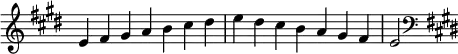  {
\override Score.TimeSignature #'stencil = ##f
\relative c' {
  \clef treble \key e \major \time 7/4 e4 fis gis a b cis dis e dis cis b a gis fis e2
  \clef bass \key e \major
} }
