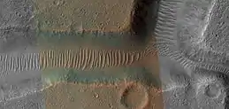 Close, color view of TAR's in a channel,as seen by HiRISE under HiWish program Only part of the image is in color because HiRISE only takes a 1 km wide color strip.