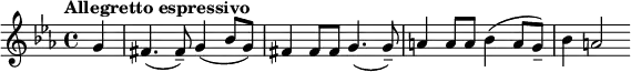  {\set Staff.midiInstrument = #"violin" \key c \minor \tempo "Allegretto espressivo" \partial 4 g'4 fis'4.( fis'8--) g'4( bes'8 g'8) fis'4 fis'8 fis'8 g'4.( g'8--) a'4 a'8 a'8 bes'4( a'8 g'8--) bes'4 a'2 } 