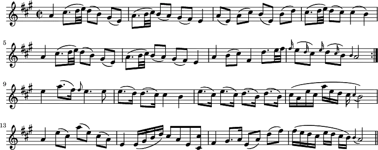 { \time 2/2 \key a \major \relative a' { \repeat volta 2 { a4 cis8.[( d32 e]) d8([ b)] gis[( e]) | a8.[( b32 cis)] b8[( a)] gis[( fis)] e4 | a8[( e)] a[( cis]) b([ e,]) b'([ d]) | cis8.[( d32 e]) d8[( cis]) cis4( b) | a4 cis8.[( d32 e]) d8([ b)] gis[( e]) | a8.[( b32 cis)] b8[( a)] gis[( fis)] e4 | a4 b8( cis) fis,4 d'8.[ e32 fis] | \grace fis16 e8[( \grace d16 cis8]) \grace e16 d8[( \grace cis16 b8]) \grace b4 a2 }
e'4 a8.( fis16) \grace fis8 e4. e8 | e8.([ d16)] d8.([ cis16)] cis4 b | e8.[( cis16]) e8.[( cis16]) d8.[( b16]) d8.[( b16]) | cis[\( a e' cis] a'[ e d] cis \appoggiatura cis4 b2\) | a4 e'8([ cis)] a'[( e]) cis([ a)] | e4 e16( gis b d) cis8 a e <cis cis'> | fis4 gis8. a16 e8([ a)] d[( fis)] | fis16\([ e d cis] e[ d] cis[ b]\) \appoggiatura b4 a2 \bar "||" } }