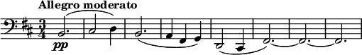 
\relative c {
  \tempo "Allegro moderato"
  \key b \minor
  \time 3/4
  \clef bass
  \set Staff.midiInstrument = "cello"
  \bar ""
  b2.\pp (| cis2 d4) | b2. (| a4 fis g) | d2 (cis4 | fis2.~) | fis2.~ | fis2.
}

