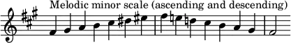  {
\override Score.TimeSignature #'stencil = ##f
\relative c' {
  \clef treble \key fis \minor \time 7/4
  fis4^\markup "Melodic minor scale (ascending and descending)" gis a b cis dis eis fis e! d! cis b a gis fis2
} }
