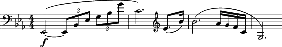  \relative c { \clef bass \numericTimeSignature \time 4/4 \key ees \major ees,2\f(~ \times 2/3 { ees8 bes' ees } \times 2/3 { g bes g' } | c,2.) \clef treble ees8.( bes'16) | bes2.( aes16 g f c | g2.) } 