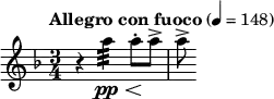  \relative c''' { \clef treble \key d  \minor \time 3/4 \tempo "Allegro con fuoco" 4 = 148 r4 a:32\pp\< a8\!-. a-> | a-> } 