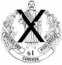 A coat of arms consisting of a large X superimposed over a person, surrounded by a laurel wreath. Below this, the number "61" is presented above the words "Queensland Cameron Highlanders".
