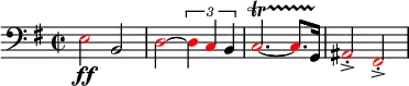 
  \relative c{
    \set Staff.midiInstrument = #"tuba"
    \set Score.tempoHideNote = ##t
    \tempo 4 = 130
    \clef bass
    \key g \major
    \time 2/2
      \once \override NoteHead.color = #red e2 \ff b \override NoteHead.color = #red d~ \times 2/3 { d4 c \override NoteHead.color = #black b } \override NoteHead.color = #red c2.~\startTrillSpan c8. \override NoteHead.color = #black g16\stopTrillSpan \override NoteHead.color = #red ais2\accent\staccato fis\accent\staccato
  }
