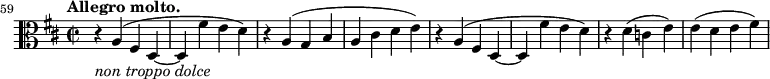 
\relative c' {
  \key d \major \time 2/2 \tempo "Allegro molto." \clef C
  \set Staff.midiInstrument = "violin"
  \set Score.tempoHideNote = ##t \tempo 1 = 88
  \set Score.currentBarNumber = #59 \bar ""
 r4_\markup{ \italic { non troppo dolce } } a( fis d~ d fis' e d) r a( g b a cis d e)
 r a,( fis d~ d fis' e d) r d( c e) e( d e fis) }
