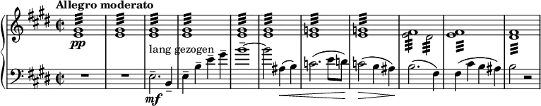 
{ \new PianoStaff << % This score generates several LilyPond warnings.
  \new Staff <<
    \new Voice { \set Score.tempoHideNote = ##t \tempo "Allegro moderato" 2 = 60
  \clef "treble" \key e \major \set Staff.midiInstrument = #"piano" \relative e \time 2/2 | % 1
  s1*8 | % 9
  \stemDown e'2 :32 dis'2 :32 s1*2 } % Warning: conflict with event: `tremolo-event'
  \new voice { \relative e % Warning: cannot create context: voice
  \clef treble | % 1
  \stemUp <e' gis'>1 \pp :32 | % 2
  <e' gis'>1 :32 | % 3
  <e' gis'>1 :32 | % 4
  <e' gis'>1 :32 | % 5
  <e' gis'>1 :32 | % 6
  <e' gis'>1 :32 | % 7
  <e' g'>1 :32 | % 8
  <e' g'>1 :32 | % 9
  fis'1^ :32 | \barNumberCheck #10 % Warning: maybe input should specify polyphonic voices; Warning: adding note head to incompatible stem; Warning: discarding event: `tremolo-event'
  <e' fis'>1^ :32 | % 11
  <dis' fis'>1 :32 } >>
\new Staff \relative e { \set Staff.midiInstrument = #"piano" \key e \major \clef bass \time 2/2
  R1*2 | % 3
  e2. \mf ^"lang gezogen" -- b4 -- | % 4
  e4 -- b'4 -- e4 -- gis4 -- | % 5
  b1 ~ -- | % 6
  b2 ais,4 \< ( b4 ) | % 7
  c2. ( e8 d8 ) | % 8
  c2 \! \> ( b4 ais4 ) | % 9
  b2. \! ( fis4 ) | \barNumberCheck #10
  fis4 ( cis'4 b4 ais4 ) | % 11
  b2 r2 }
>> }
