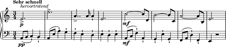 
{ \new PianoStaff <<
\new Staff \relative e' { \set Staff.midiInstrument = #"piano" \key a \minor \clef treble \time 3/4 \set Score.tempoHideNote = ##t \tempo "Sehr schnell" 4 = 240
  e2. \p ^\markup{
    \italic
    {hervortretend}
  } -> | % 6
  e'2. -> | % 7
  a,4.. -> a16 a4 -! | % 8
  e2. | % 9
  c'2 \mf ~ c8 d,8 | \barNumberCheck #10
  b'2 ~ b8 c,8 | % 11
  a'2 ~ a8 b,8 | % 12
  e2.
  }
\new Staff \relative a, { \set Staff.midiInstrument = #"piano" \key a \minor \clef bass \time 3/4
  a8 \pp ( b8 c4 ) -! b4 -! | % 6
  a8 ( e'8 a4 ) -! g4 -! | % 7
  f4 -! e4 -! d4 -! | % 8
  e4 -! d4 -! e4 -! | % 9
  a,8\mf ( c8 f4 ) -! a,4 -! | \barNumberCheck #10
  g4 -! e'4 -! g,4 -! | % 11
  f8 ( a8 d4 ) -! f,4 -! | % 12
  e4 r2 }
>> }
