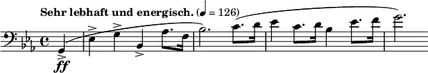  \new Staff \relative c {
  \clef bass \time 4/4 \key ees \major \tempo "Sehr lebhaft und energisch." 4=126 \set Staff.midiInstrument = #"cello"
  \partial 4 g-\ff->(ees'-> g-> bes,-> aes'8. f16 bes2.) c8.(d16 ees4 c8. d16 bes4 ees8. f16 g2.)
} 