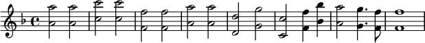 {#(set-global-staff-size 18) \set Staff.midiInstrument = #"celesta" \key f \major <a' a''>2 <a' a''> <c'' c'''> <c'' c'''> <f' f''> <f' f''> <a' a''> <a' a''> <d' d''> <g' g''> <c' c''> <f' f''>4 ~ <bes' bes''> <a' a''>2 ~ <g' g''>4. <f' f''>8 <f' f''>1}