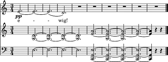  { << \new Staff \relative c' { \set melismaBusyProperties = #'() \clef treble \key c \major \time 3/4 \set Staff.midiInstrument = #"flute" e2.~\pp | e~ | e( | d) | R | R | R | R | R | R \bar "|." } \addlyrics { e - - wig! } \new PianoStaff \relative c' { \new Staff { \clef treble \key c \major \time 3/4 \set Staff.midiInstrument = #"string ensemble 1" \set Staff.midiMaximumVolume = #0.5 s2. | <d g,>2.~ | <d g,>~ | <d g,>~ | <d g,>~ | <a' e>~ | <a e g,>~ | <a e g,>~ <a e>~ | <a e>4 r r \bar "|." } } { \new Staff { \clef bass \key c \major \time 3/4 \set Staff.midiMaximumVolume = #0.5 s2. | e~ | e~ | e~ | e | <e g, c,>~ | <e g, c,>~ | <e g, c,>~ | <e g, c,>~ | <e g, c,>4 r r \bar "|." } } >> } \midi{\tempo 4 = 160}