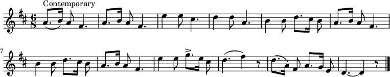 
\transpose c d \relative c'' {
  \key c \major \set Staff.midiInstrument = #"acoustic guitar (nylon)"
  \time 6/8 \set Score.tempoHideNote = ##t \tempo 4 = 60 \autoBeamOff
  g8.^"Contemporary" [(a16)] g8 e4. | g8. [a16] g8 e4. | d'4 d8 b4. | c4 c8 g4. | a4 a8 c8. [b16] a8 | g8. [a16] g8 e4. |
  a4 a8 c8. [b16] a8 | g8. [a16] g8 e4. | d'4 d8 f8.-> [d16] b8 | c4. (e4) r8 | c8. [(g16)] e8 g8. [f16] d8 | c4.~ c4 r8 \bar "|."
}

