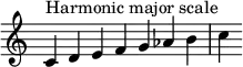  {
\override Score.TimeSignature #'stencil = ##f
\relative c' { 
  \clef treble \time 7/4
  c4^\markup { Harmonic major scale }  d e f g aes b c
} }
