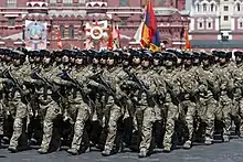 Members of the peacekeeping brigade in full combat uniform during the 2020 Moscow Victory Day Parade.