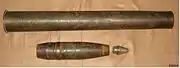 Brass-washed steel case and HE-shell for the German 7,62 cm Pak. 36 anti-tank gun.