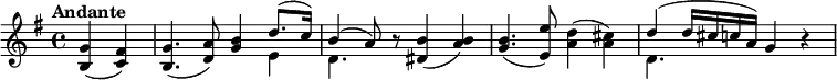  {\set Staff.midiInstrument = #"violin" \key g \major \tempo "Andante" \tempo 4 = 60 \partial 2
<b g'>4 (<c' fis'>4) <b g'>4. (<d' a'>8) \stemUp <g' b'>4  << { \voiceOne d''8. (c''16) b'4 (a'8)  }
  \new Voice { \voiceTwo e'4 d'4. } >> \oneVoice r8

<dis' b'>4 (<a' b'>4) <g' b'>4. (<e' e''>8) \stemDown <a' d''>4 (<a' cis''>4) \stemUp  << { \voiceOne d''4 (d''16 cis''16 c''16 a'16) g'4 }
  \new Voice { \voiceTwo d'4. } >>  \oneVoice r4

}