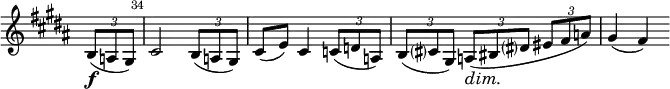 
\relative c' \new Staff \with { \remove "Time_signature_engraver" } {
  \key b \major \time 3/4 \partial 4
  \set Staff.midiInstrument = "violin"
  \set Score.tempoHideNote = ##t \tempo 4 = 58
  \times 2/3 { b8\f( a gis) }
  \once \override Score.BarNumber #'break-visibility = ##(#f #t #t)
  \set Score.currentBarNumber = #34 \bar "|"
  cis2 \times 2/3 { b8( a gis) } cis( e) cis4
  \times 2/3 { c8( d a) } \times 2/3 { b( cis? gis) } \times 2/3 { a\dim ( bis\! dis? } \times 2/3 { eis fis a) } gis4( fis)
}
