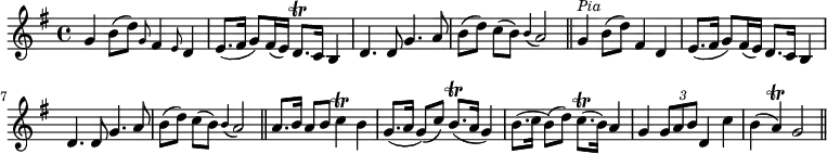 { \time 4/4 \key g \major \relative g' { g4 b8( d) \grace g,8 fis4 \grace e8 d4 | e8.[( fis16] g8[) fis16( e)] d8.[\trill c16] b4 | d4. d8 g4. a8 | b[( d]) c[( b]) \appoggiatura b4 a2 \bar "||" g4^\markup { \smaller \italic Pia } b8( d) fis,4 d4 | e8.[( fis16] g8[) fis16( e)] d8.[ c16] b4 | d4. d8 g4. a8 | b[( d]) c[( b]) \appoggiatura b4 a2 \bar "||" a8.[ b16] a8[ b] c4\trill b | g8.[( a16] g8[)( c]) b8.\trill[( a16] g4) | b8.[( c16] b8[)( d]) c8.\trill([ b16)] a4 | g \times 2/3 { g8 a b } d,4 c' | b( a\trill) g2 \bar "||" } }