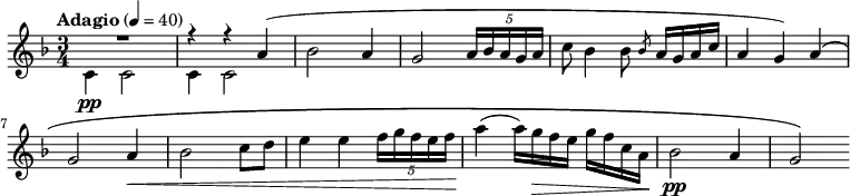 
{
	\clef treble \key d \minor \time 3/4
	\tempo "Adagio" 4 = 40
	\new Voice = "melody" {
		<<
			{
				\voiceOne
			 R2. r4 r4 a'4(
			}
			\new Voice {
				\voiceTwo
				c'4 \pp c'2 c'4 c'2
			}
		>>
		\oneVoice
		bes'2 a'4
		g'2 \tuplet 5/4 { a'16 bes' a' g' a' }
		c''8 bes'4 bes'8 \slashedGrace bes' a'16 g' a' c''
		a'4 g') a'\(
		\break
		g'2 a'4\<
		bes'2 c''8 d''
		e''4 e'' \tuplet 5/4 { f''16 g'' f'' e'' f'' }
		a''4\!( a''16) g''\> f'' e'' g'' f'' c'' a'\!
		bes'2 \pp a'4 g'2\)
	}
}
