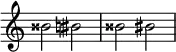  {
\override Score.TimeSignature #'stencil = ##f
\relative c'' { 
  \clef treble \time 4/4 bisis2 bis \accidentalStyle modern bisis2 bis
} }
