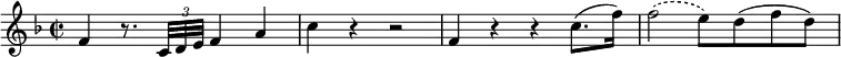 
\relative c' {
\override Score.NonMusicalPaperColumn #'line-break-permission = ##f
  \key f \major
  \time 2/2
  f4 r8. \times 2/3 {c32 d e} f4 a | c r r2 | f,4 r r c'8.(f16) | \slurDashed f2(e8) \slurSolid d(f d) |
}
