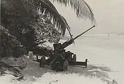 Image 740mm antiaircraft gun from the United States Marine Corps' 2d Airdrome Battalion defending the LST offload at Nukufetau on August 28, 1943. (from History of Tuvalu)