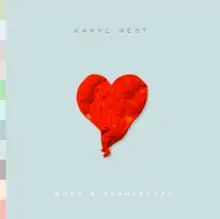 In the centre of a pastel blue background sits a heart balooon. It appears to be compltely deflated and riddled with wrinkles. The top reads "Kanye West" while the bottom reads "808s and Heartbreak". To the left in small rectangles lies a palette featuring an array of pastel colors.