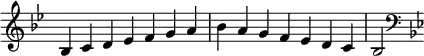   {
\override Score.TimeSignature #'stencil = ##f
\relative c' {
  \clef treble \key bes \major \time 7/4 bes4 c d es f g a bes a g f es d c bes2
  \clef bass \key bes \major
} }
