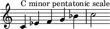  {
\override Score.TimeSignature #'stencil = ##f
\relative c' {
  \clef treble \time 5/4
  c4^\markup { "C minor pentatonic scale" } es f g bes c2
} }
