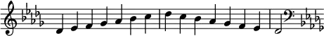   {
\override Score.TimeSignature #'stencil = ##f
\relative c' {
  \clef treble \key des \major \time 7/4 des4 es f ges aes bes c des c bes aes ges f es des2
  \clef bass \key des \major
} }
