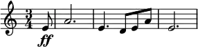  \relative c' { \clef treble \key a \minor \time 3/4 \set Staff.midiInstrument = #"french horn" \partial 8*1 e8\ff | a2. | e4. d8 e a | e2. } \midi{\tempo 4 = 180}