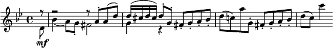  { \tempo 4 = 132 \set Score.tempoHideNote=##t \set Staff.midiInstrument = "violin" { \key g \minor \time 4/4 \partial 8 <<
\new Voice = "first" \relative f'' {
  \voiceOne f8\rest | f2\rest  f8\rest a,-. a( d) | d16( cis d cis) d8-. g,-. fis_. g_. a_. bes_. }
\new Voice = "second" \relative d' {
  \voiceTwo d8 \mf | bes'4( a8) g-. fis2 | g4 c,\rest } >> |
\oneVoice \relative d''{d8( c!) a' g,-. fis-. g-. a-. bes-. | d8( c) c'4 }}} 