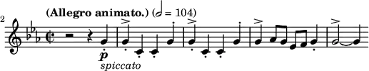 
\relative c'' \new Staff {
  \key c \minor \time 2/2 \clef treble
  \set Staff.midiInstrument = "violin"
  \tempo "(Allegro animato.)" 2 = 104
  \set Score.currentBarNumber = #2 \bar ""

  r2 r4 g-.\p_\markup { \italic "spiccato" } | g-.^> c,-. c-. g'^. | g-.^> c,-. c-. g'^. |
  g^> as8 g es f g4-. | g2^> ~ g4
}
