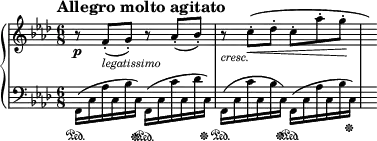 
\new PianoStaff <<
\new Staff = "Up" \with { \magnifyStaff #3/4 } <<
\new Voice \relative c' {
\clef treble
\tempo "Allegro molto agitato"
\set Score.tempoHideNote = ##t \tempo 4. = 96

\time 6/8
\key f \minor
r8 \p f-._\markup{\italic legatissimo} (g-.) r aes-. (bes-.) r_\markup{\italic cresc.} c-. \< (des-. c-. aes'-. g-. \! \hide r16)
}
>>
\new Staff = "Down" \with { \magnifyStaff #3/4 } <<
\new Voice \relative c{
\clef bass
\key f \minor
\stemDown
f,16 \sustainOn (c' aes' c, bes' c, \sustainOff) f, \sustainOn (c' c' c, des' c, \sustainOff) f, \sustainOn (c' c' c, bes' c, \sustainOff) f, \sustainOn (c' aes' c, bes' c, \sustainOff) s
}
>>
>>
