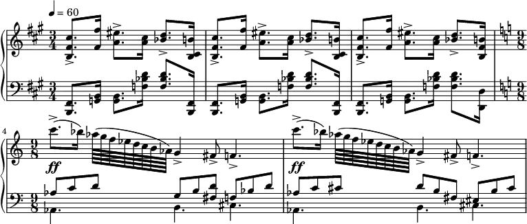 
{  \new PianoStaff <<
    \new Staff \relative c' { \clef treble \time 3/4 \key fis \minor \tempo 4 = 60 <cis' fis, b,>8.-> <fis fis,>16 <eis a,>8.-> <cis a>16 <d bes>8.-> <b cis, b>16 | <cis fis, b,>8.-> <fis fis,>16 <eis a,>8.-> <cis a>16 <d bes>8.-> <b cis, b>16 | <cis fis, b,>8.-> <fis fis,>16 <eis a,>8.-> <cis a>16 <d bes>8.-> <b fis b,>16 | \time 9/8 \key a \minor c'8.->(\ff[ bes16)] aes64([ g f ees d c b aes)] g4-> fis8-> f4.-> | c''8.->(\ff[ bes16)] aes64([ g f ees d c b aes)] g4-> fis8-> f4.-> }
    \new Staff \relative c { \clef bass \time 3/4 \key fis \minor <fis, b,>8. <b g>16 <b g>8. <d' bes f>16 <d bes f>8. <fis,, b,>16 | <fis b,>8. <b g>16 <b g>8. <d' bes f>16 <d bes f>8. <fis,, b,>16 | <fis b,>8. <b g>16 <b g>8. <d' bes f>16 <d bes f>8. <d, d,>16 | \time 9/8 \key a \minor << { aes'8 c d g, b <d fis,> f, bes d | aes8 c cis d b fis eis b' cis } \\ { aes,4. b cis | aes4. b cis } >> } >> }
