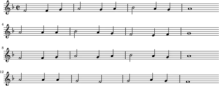 
\new Staff <<
\clef treble \key f \major {
      \time 2/2 \partial 1
      \relative f' {
	f2 f4 g | a2 g4 a | bes2 a4 g | a1 \bar"" \break
        a2 a4 a | bes2 a4 g | f2 e4 f | g1 \bar"" \break
        f2 f4 g | a2 g4 a | bes2 a4 g | a1 \bar"" \break
        a2 a4 a | g2 f | g2 a4 g | f1 \bar"" \break
      }
    }
%\new Lyrics \lyricmode {
%}
>>
\layout { indent = #0 }
\midi { \tempo 2 = 54 }
