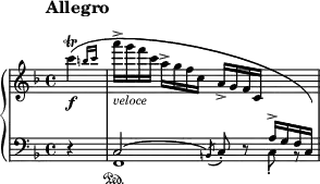 
\new PianoStaff <<
\new Staff = "Up" \with { \magnifyStaff #3/4 } <<
\new Voice \relative c' {
\clef treble
\override Score.MetronomeMark.Y-offset=#9
\tempo "Allegro"
\set Score.tempoHideNote = ##t \tempo 2 = 80

\time 4/4
\key f \major
\partial 4
\afterGrace c''4 \f \trill ({b16 c} a'-> _\markup{\italic veloce} g f c a-> g f c a-> g f c \change Staff = "Down" \stemUp a^> g f c)
}
>>
\new Staff = "Down" \with { \magnifyStaff #3/4 } <<
\new Voice \relative c{
\clef bass
\key f \major
r4 c2^(\acciaccatura b8) c-. d \rest \stemDown c_. b \rest
}
\new Voice \relative c{
s4 f,1 \sustainOn
}
>>
>>
