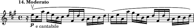 
%etude14
\relative e''
{  
\set Staff.midiInstrument = #"violin"
\time 4/4
\tempo "14. Moderato"
\key a \major
r16 e16\upbow \p (cis-"e cantabile" a' gis e b cis d fis, d' gis, a cis b d ) |
cis (e16 a, a' gis e b cis d fis, d' gis, a cis b d )
}


