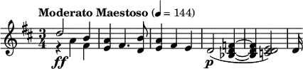  \relative c'' { \clef treble \key d \major \time 3/4 \tempo "Moderato Maestoso" 4 = 144 << { d2\ff b4 } \\ { r4 a fis } >> <a e> fis4. <b d,>8 | <a e>4 fis e | d2(\p <f d bes>4~ | <f d bes> <e d c>2) | d16 } 