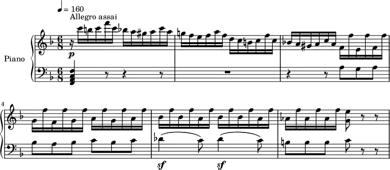 
\header {
  tagline = ##f
}
upper= \relative c' {
  \clef treble
  \key f \major
  \time 6/8
  \tempo 4 = 160
  \set Staff.midiInstrument = #"piano"
    r16\p^\markup { Allegro assai} c''16 b c f c bes a gis a c a
    g! f e f a f   d c b c f c
    bes! a gis a c a    f f' e, f' f, f'
    g, f' f, f' g, f'    a, f' g, f' a, f'
    bes, f' bes, f' a, f'   bes, f' bes, f' a, f'
   aes, f' aes, f' aes, f'  <g, e'>8 r8 r8
  }
lower=\relative c { \set Staff.midiMaximumVolume = #0.7
    \clef bass
    \key f \major
    \numericTimeSignature
    \time 6/8
    <f, a c f>4 r8 r4 r8
   R2.
   r4 r8 a'8 g a
   bes a bes c bes c
   des4\sf (c8) des4\sf (c8)
   b8 b b c r8 r8
  }
\score {
       \new PianoStaff \with { instrumentName = #"Piano" }
       <<
         \new Staff = "upper" \upper
         \new Staff = "lower" \lower
       >>
\layout { }
\midi { } }
